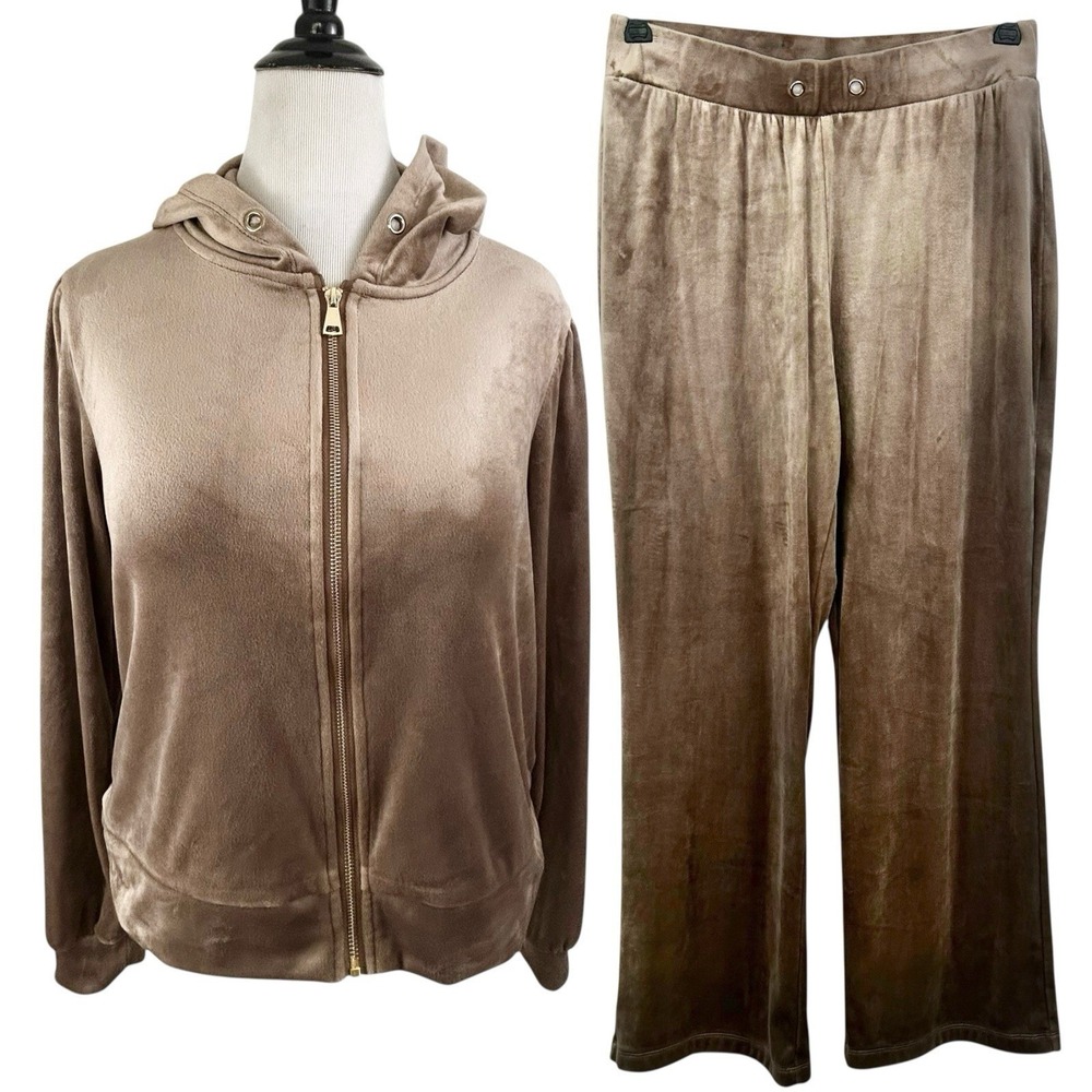MAGASCHONI Velour TRACK SUIT sz L Full Zip Hoodie JACKET & PANTS Y2K 2 PC Brown